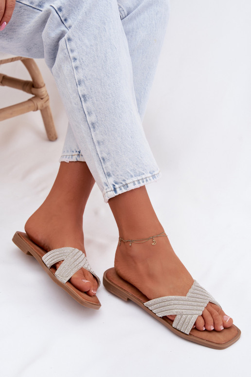 Women's Flat Silver Crystal Slides Zinnia