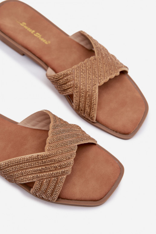 Klapki Damskie Na Płaskim ObcasiewithCyrkoniami Złote Zinnia