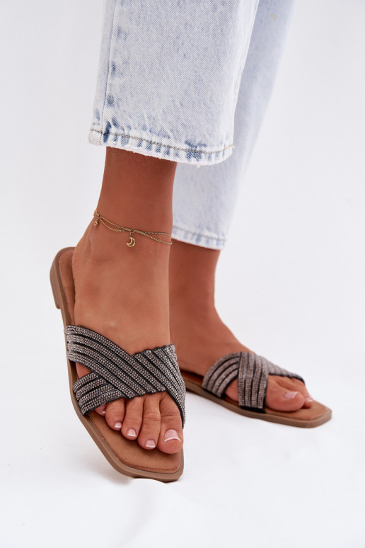 Women's Flat Heeled Crystal Black Slides Zinnia