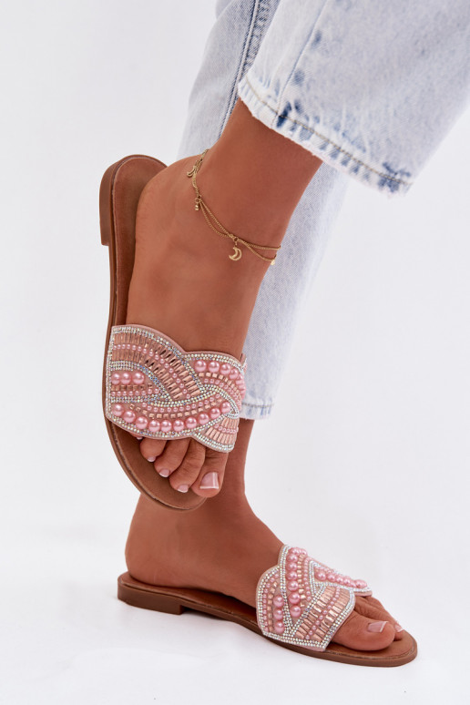 Decorated Women's Flat Pink Slides Dovima