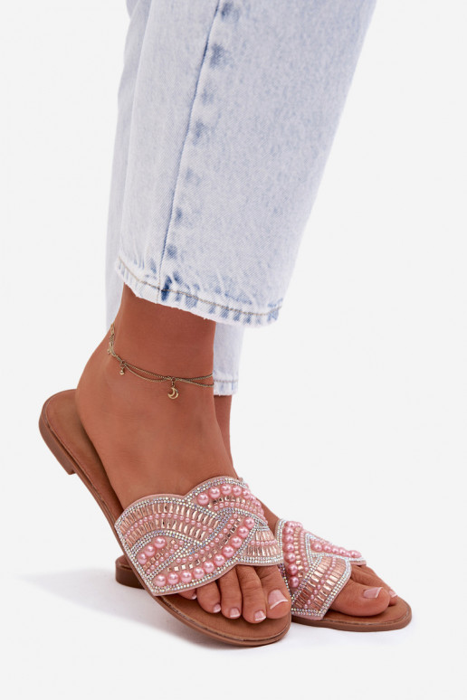 Decorated Women's Flat Pink Slides Dovima