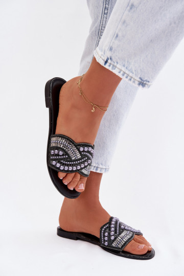 Embellished Flat Black Slides Dovima