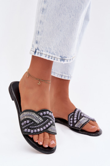 Embellished Flat Black Slides Dovima 2