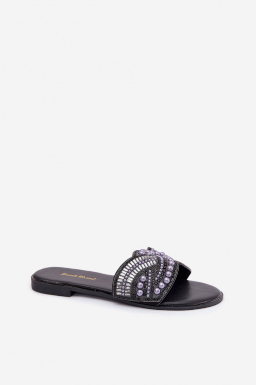 Embellished Flat Black Slides Dovima