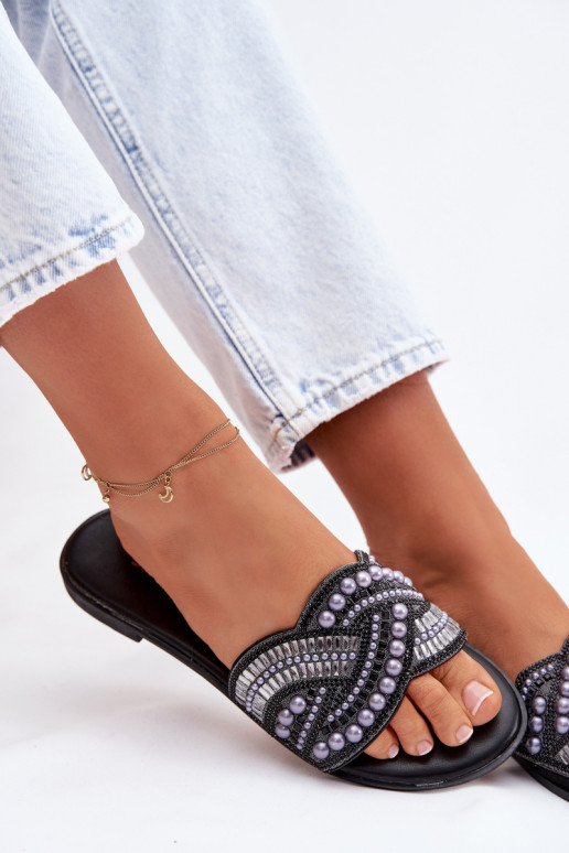 Embellished Flat Black Slides Dovima