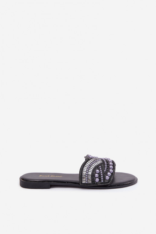 Embellished Flat Black Slides Dovima