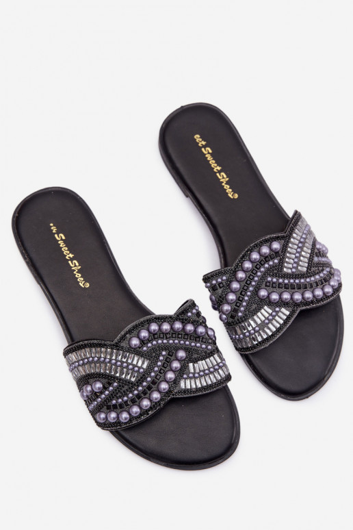 Embellished Flat Black Slides Dovima