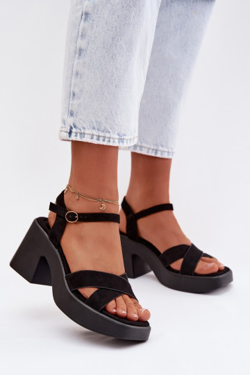 Women's Chunky Heel Sandals Made of Eco Suede Black Tereza 2