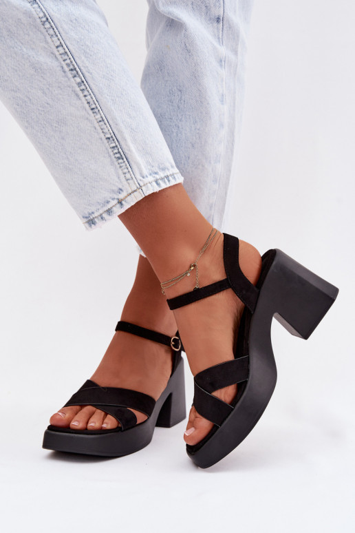 Women's Chunky Heel Sandals Made of Eco Suede Black Tereza
