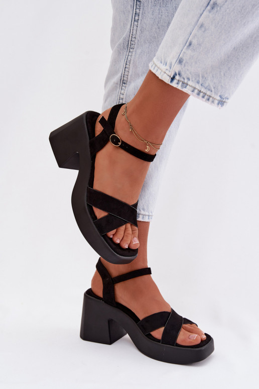 Women's Chunky Heel Sandals Made of Eco Suede Black Tereza