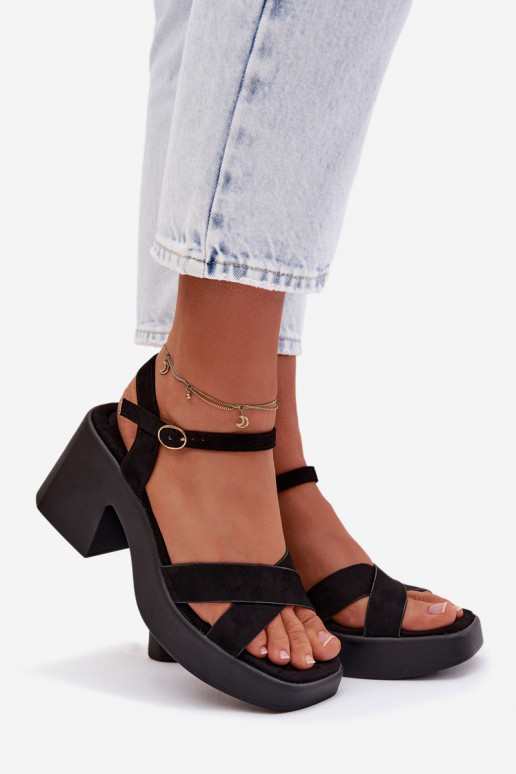 Women's Chunky Heel Sandals Made of Eco Suede Black Tereza
