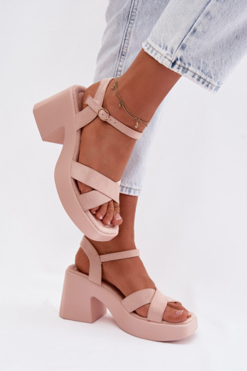 Women's Chunky Heel Sandals Made of Eco Suede Light Pink Tereza