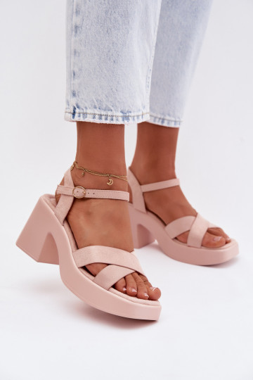 Women's Chunky Heel Sandals Made of Eco Suede Light Pink Tereza 2