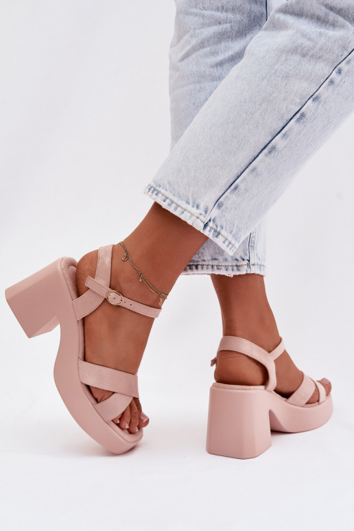 Women's Chunky Heel Sandals Made of Eco Suede Light Pink Tereza