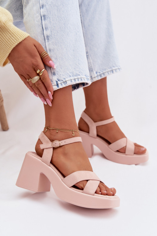 Women's Chunky Heel Sandals Made of Eco Suede Light Pink Tereza