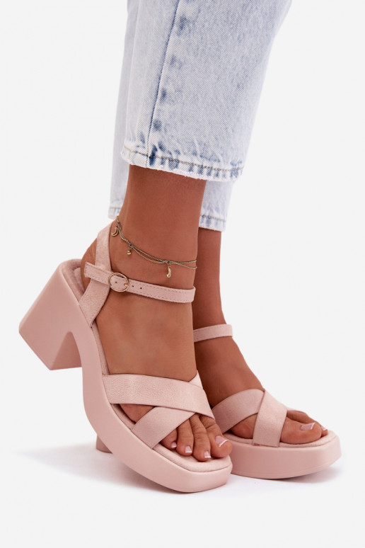 Sandały Damskie Na Masywnym SłupkuwithEko Zamszu Jasnoróżowe Tereza