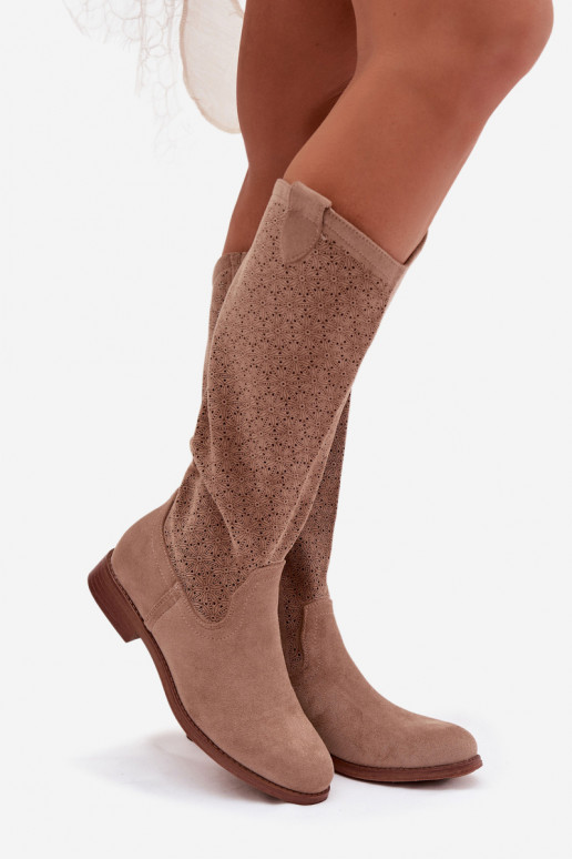 Women's Ankle Boots With Lace Pattern On Flat Heel S.Barski HY61-8022 Beige
