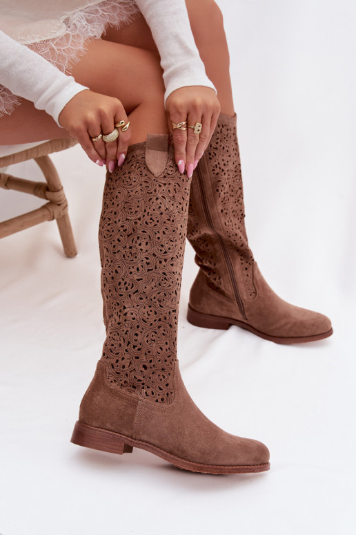 Women's Perforated Ankle Boots With Flat Heel S.Barski HY61-8023 Brown