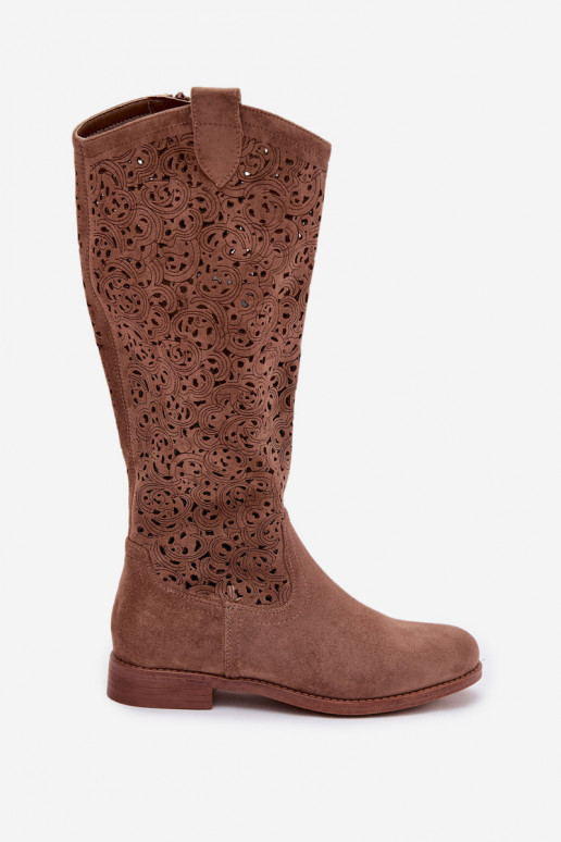 Women's Perforated Ankle Boots With Flat Heel S.Barski HY61-8023 Brown