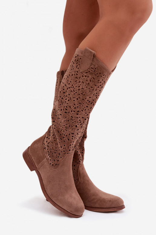 Women's Perforated Ankle Boots With Flat Heel S.Barski HY61-8023 Brown