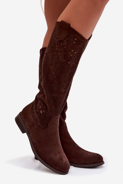 Women's Openwork Flat Heel Boots S.Barski HY61-8023 Chocolate