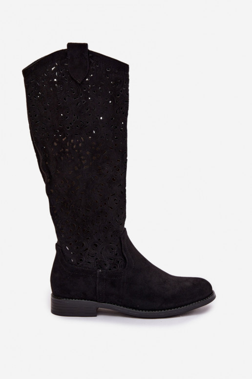 Women's Openwork Boots With Flat Heel S.Barski HY61-8023 Black