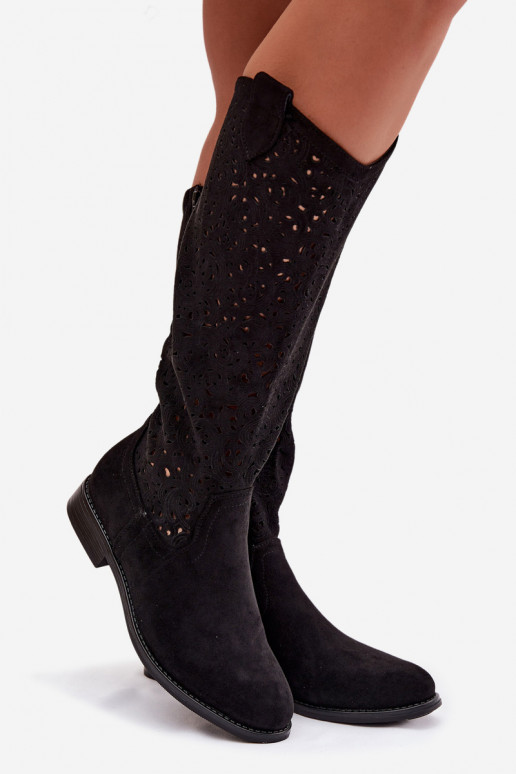 Women's Openwork Boots With Flat Heel S.Barski HY61-8023 Black