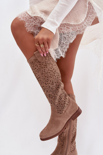 Women's Openwork Flat Heel Boots S.Barski HY61-8023 Beige 2