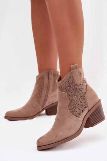 Women's Perforated Ankle Boots With Heel S.Barski HY61-8013 Beige
