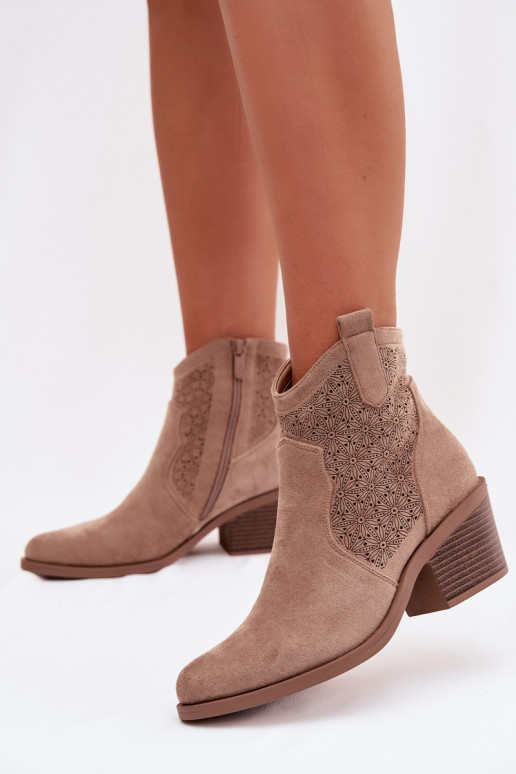 Women's Perforated Ankle Boots With Heel S.Barski HY61-8013 Beige