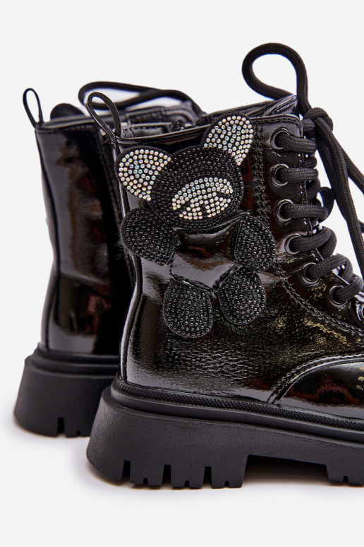 Insulated Girls' Boots With Teddy Bear Zippered Black Lacquered Relobia