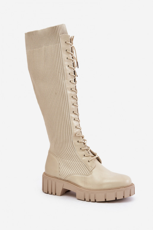 Women's Sock Boots with Laces on Flat Heel Beige Vamisha