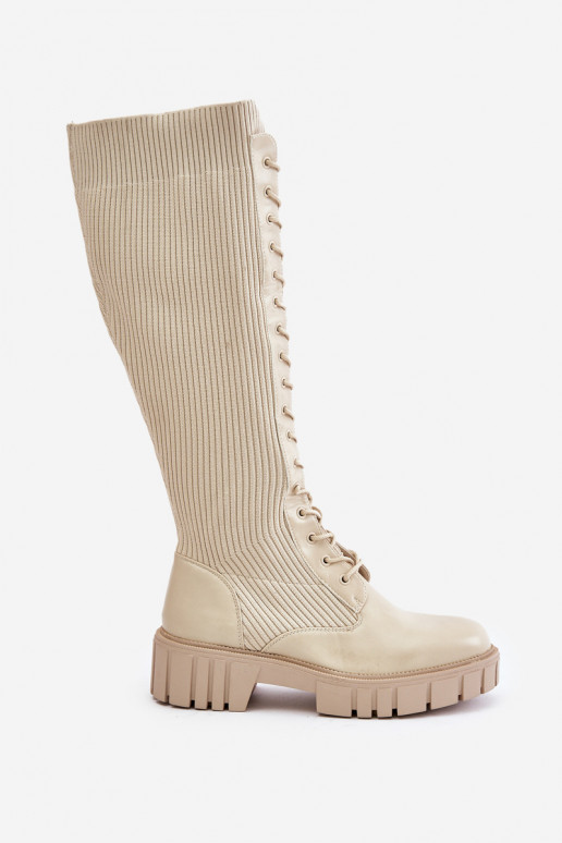 Women's Sock Boots with Laces on Flat Heel Beige Vamisha