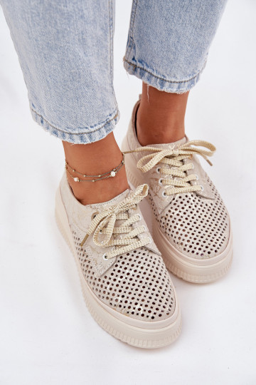 Suede Ladies Lace-Up Shoes On Platform Artiker 56C2108 Beige-Gold