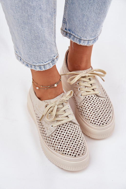Suede Ladies Lace-Up Shoes On Platform Artiker 56C2108 Beige-Gold