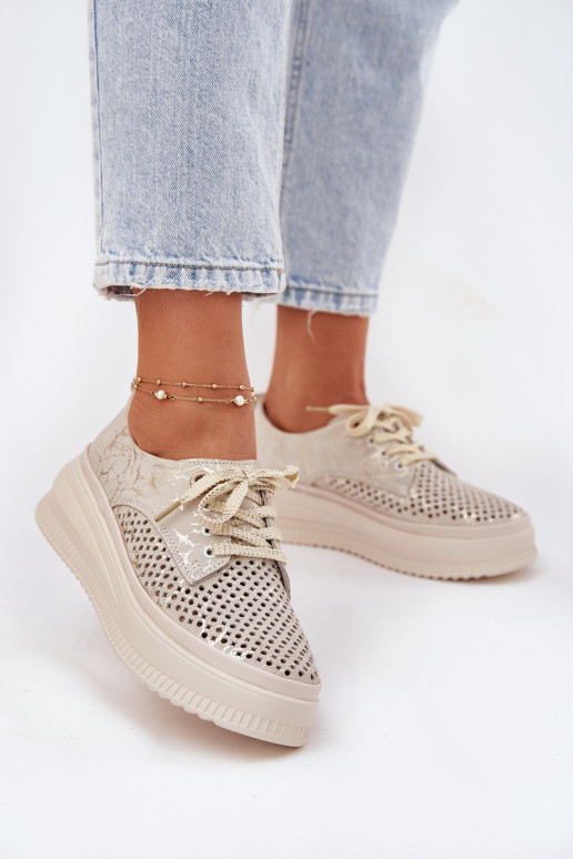 Suede Ladies Lace-Up Shoes On Platform Artiker 56C2108 Beige-Gold