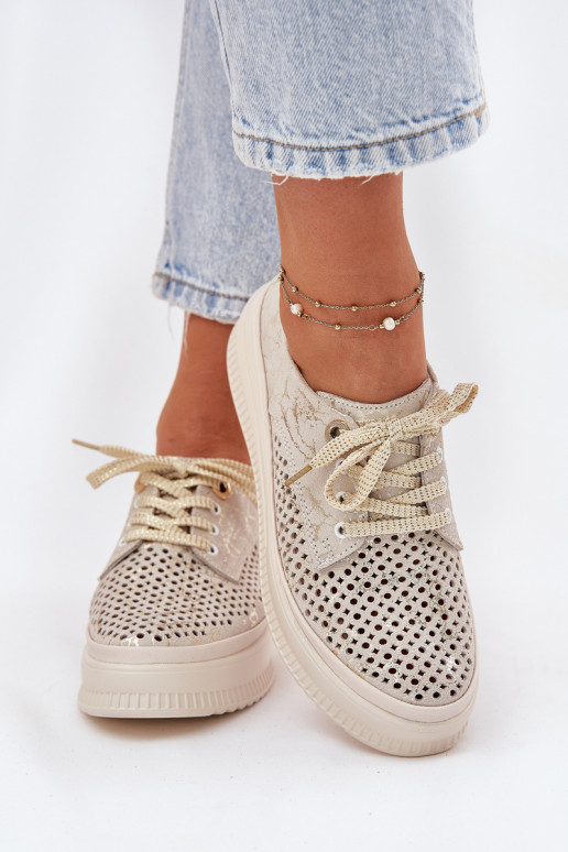 Suede Ladies Lace-Up Shoes On Platform Artiker 56C2108 Beige-Gold