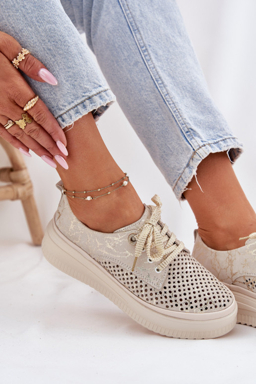 Suede Ladies Lace-Up Shoes On Platform Artiker 56C2108 Beige-Gold