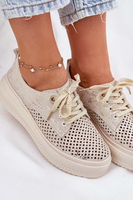 Suede Ladies Lace-Up Shoes On Platform Artiker 56C2108 Beige-Gold