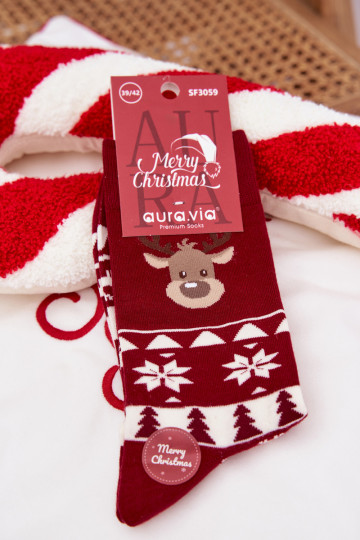 Men's Christmas Patterned Socks With Reindeer Burgundy