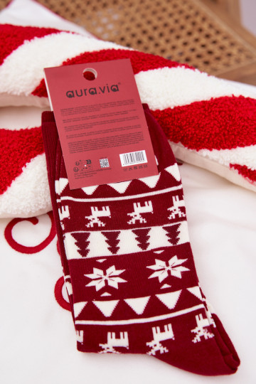 Men's Christmas Patterned Socks With Reindeer Burgundy 2