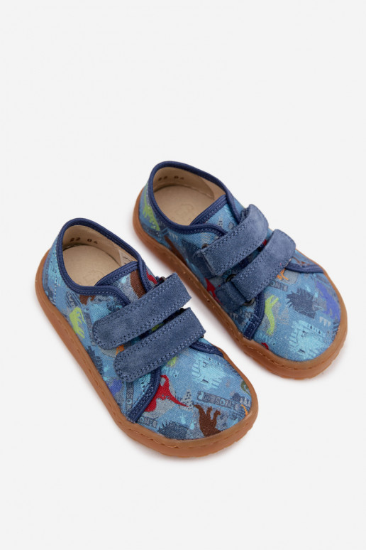 Kapcie Dziecięce Barefoot Dinozaury Froddo Canvas G1700440-15 Niebieskie