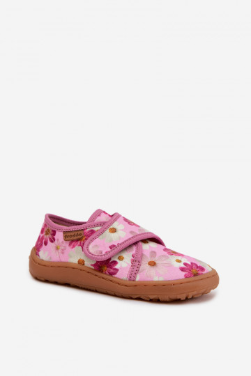 Kapcie Dziecięce Dziewczęce Na Rzep Barefoot Kwiatki Froddo G1700438-8 Różowe
