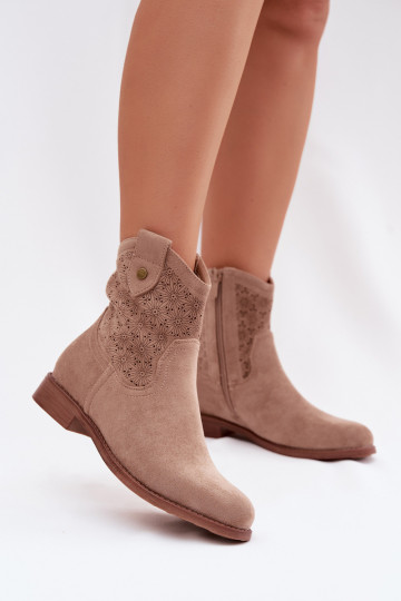 Women's Flat Heel Ankle Boots With Openwork Pattern S.Barski HY61-8025 Beige 2