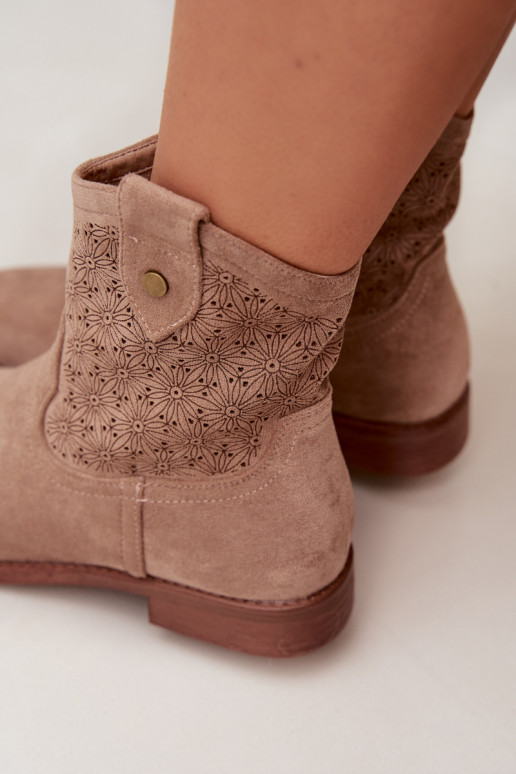 Botki Damskie Na Płaskim ObcasiewithAżurowym Wzorem S.Barski HY61-8025 Beżowe