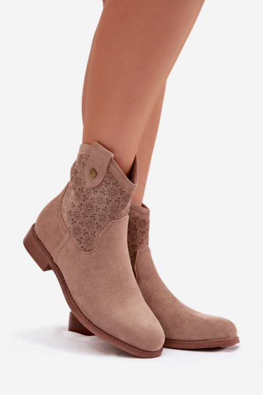 Women's Flat Heel Ankle Boots With Openwork Pattern S.Barski HY61-8025 Beige