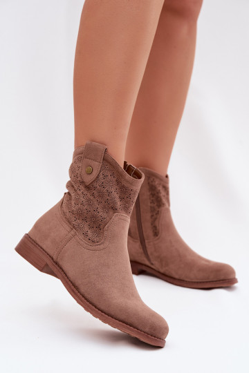 Women's Flat-heeled Ankle Boots With Openwork Pattern S.Barski HY61-8025 Brown 2