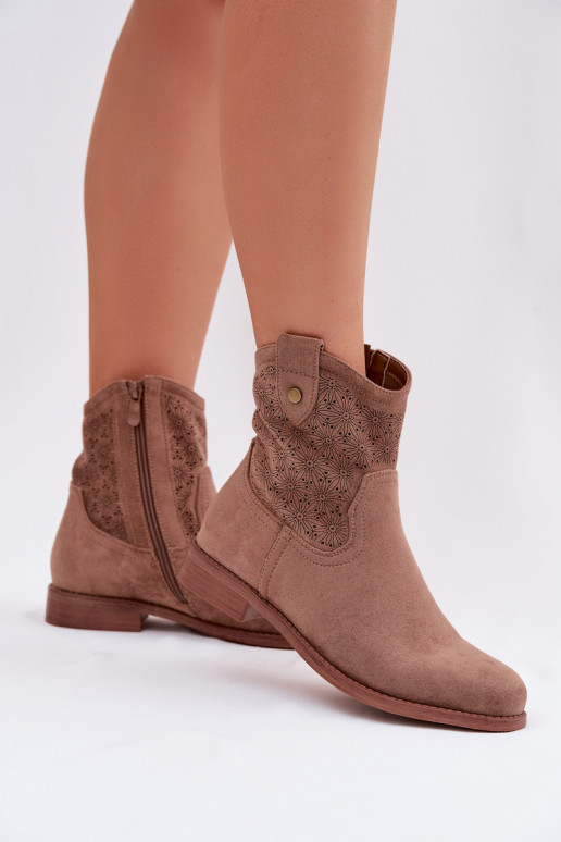 Women's Flat-heeled Ankle Boots With Openwork Pattern S.Barski HY61-8025 Brown