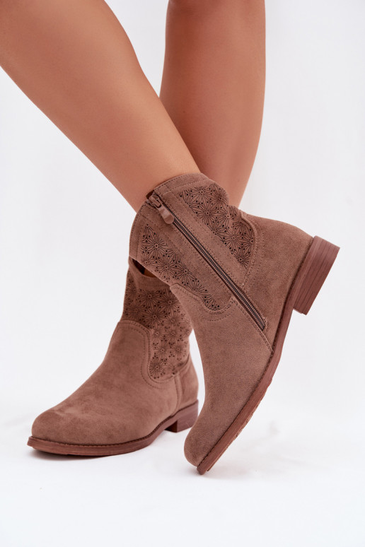 Women's Flat-heeled Ankle Boots With Openwork Pattern S.Barski HY61-8025 Brown