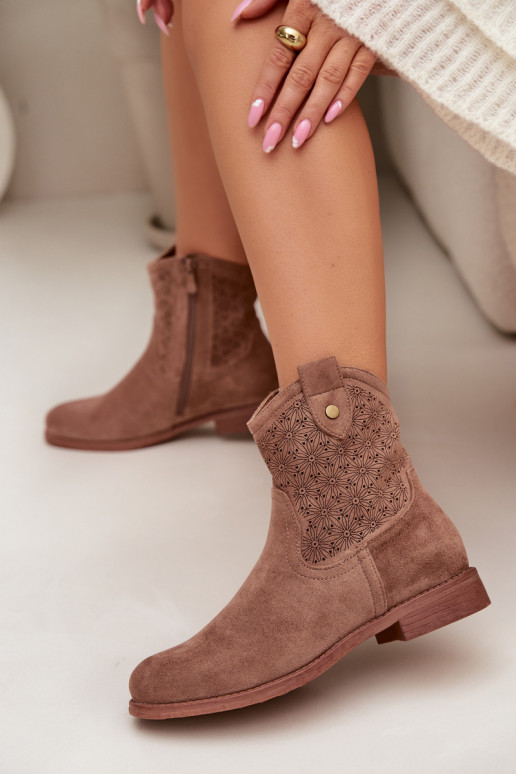 Women's Flat-heeled Ankle Boots With Openwork Pattern S.Barski HY61-8025 Brown